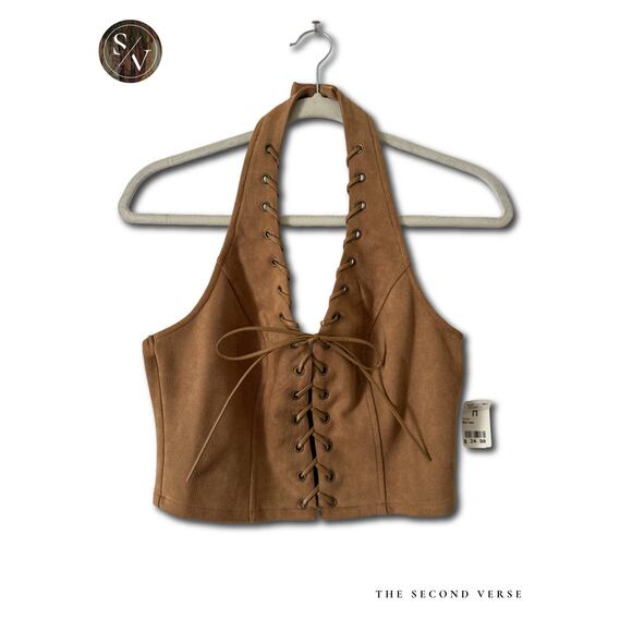 Kohesion Tops - NWT Faux Suede Tan Halter Top W/ Lace Up Detail Festival Size Medium